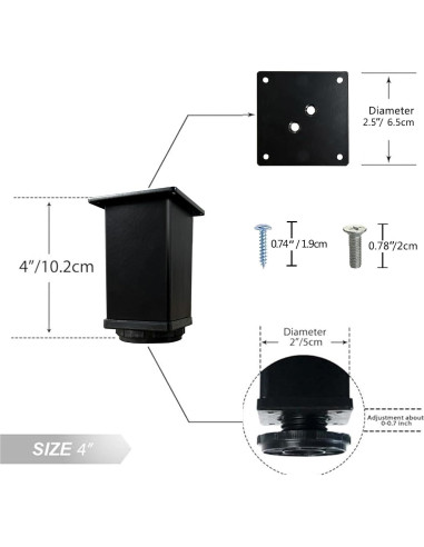 Piernas de Mueble Metálicas Ajustables QLLY 10.2 cm Juego de 4 Negro