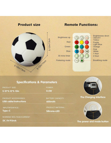 Luz Nocturna de Silicona Fútbol CY-25-02 13 cm Recargable