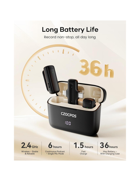 Micrófono Lavalier Inalámbrico CZOCPOS con Estuche, 36H Batería