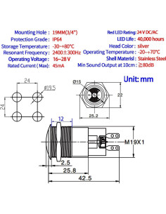 Bocina de Alarma 24V ZJWZJH 19mm Luz LED Roja 85dB 2