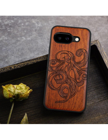 Funda de Madera Carveit para Google Pixel 9a - Pulpo Rosado