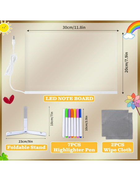 Tablero de Notas LED YSMNDE 30x20 cm con 7 Marcadores