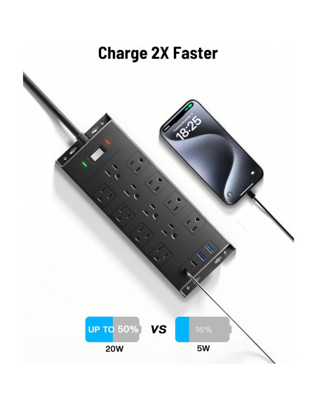 Regleta de Enchufes LeZone 3m 12 Salidas 2 USB-C Protector 4800J Regleta de Enchufes LeZone 3m 12 Salidas 2 USB-C Protector 4800J