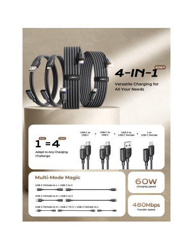 Cable USB C 4 en 1 LISEN 60W [2x2M, 2x0.4M] Carga Rápida