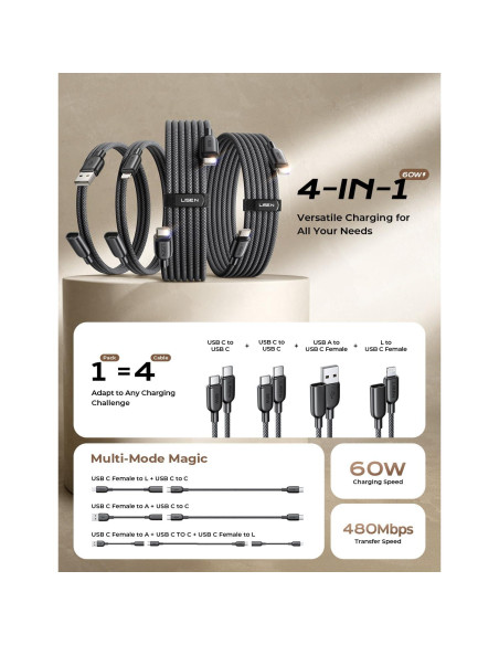 Cable USB C 4 en 1 LISEN 60W [2x2M, 2x0.4M] Carga Rápida