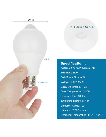 Bombillas LED E26 9W con Sensor de Movimiento 800lm 5000K (Paquete de 2)