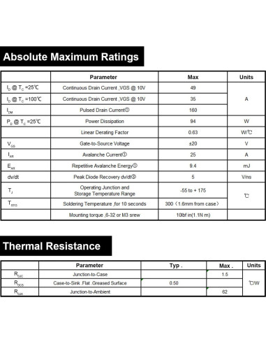 20 Transistores MOSFET IRFZ44N N-Canal 55V 49A TO-220