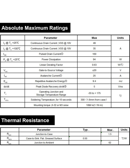 20 Transistores MOSFET IRFZ44N N-Canal 55V 49A TO-220