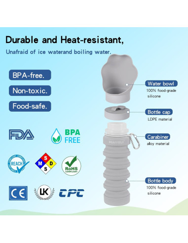 Botella de Agua Plegable para Perros MAIYELI 550ml Silicona