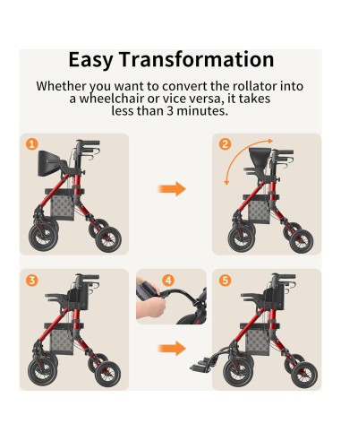 Caminador y Silla de Ruedas VOCIC Z51 2 en 1 Plegable Rojo