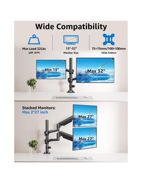 Soporte Doble para Monitor MOUNTUP Ajustable 32" Negro Soporte Doble para Monitor MOUNTUP Ajustable 32" Negro