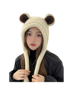 Gorro de Rana Adulto Tejido a Mano Beige con Ojos Grandes
