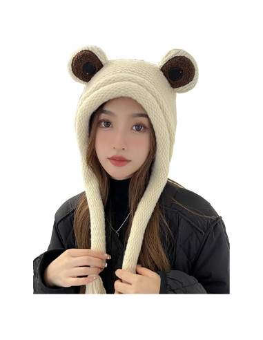 Gorro de Rana Adulto Tejido a Mano Beige con Ojos Grandes