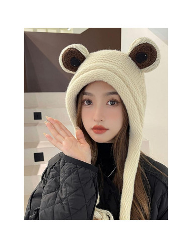 Gorro de Rana Adulto Tejido a Mano Beige con Ojos Grandes