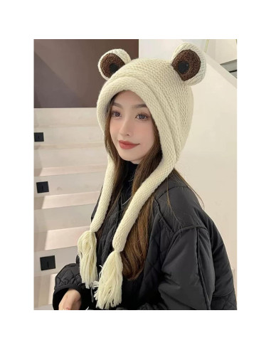 Gorro de Rana Adulto Tejido a Mano Beige con Ojos Grandes