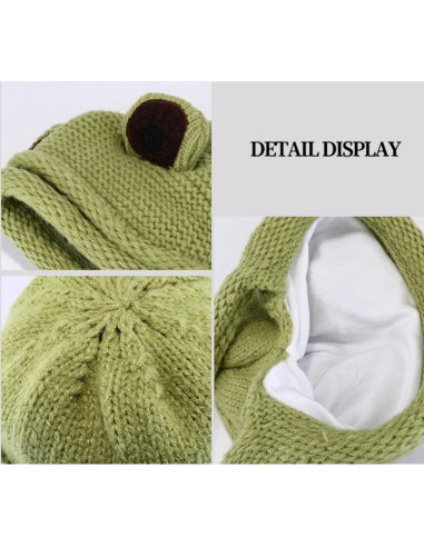 Gorro de Rana Adulto Tejido a Mano Beige con Ojos Grandes