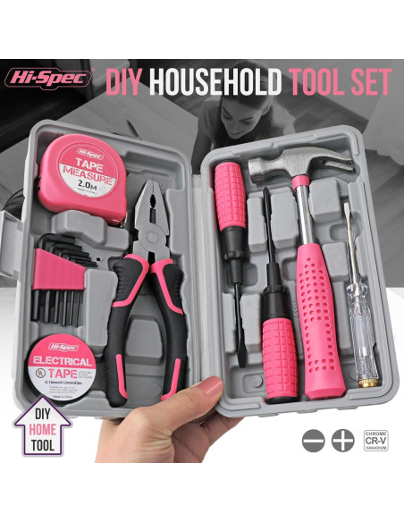Kit de Herramientas Compacto Hi-Spec 13 Piezas Rosa para Bricolaje