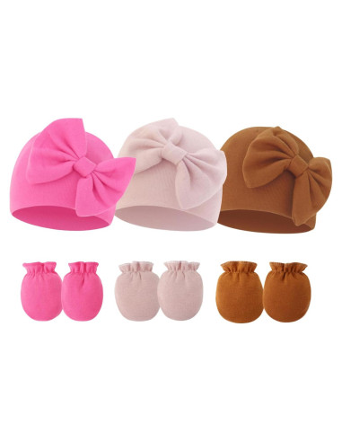 Conjunto de Gorro y Manoplas para Bebés Niñas con Lazo - Algodón Suave