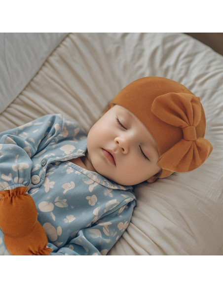 Conjunto de Gorro y Manoplas para Bebés Niñas con Lazo - Algodón Suave Conjunto de Gorro y Manoplas para Bebés Niñas con Lazo - Algodón Suave