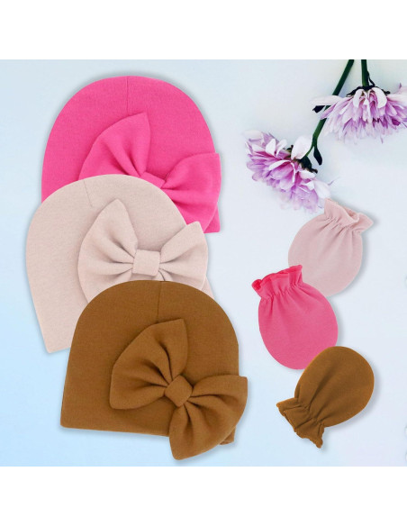 Conjunto de Gorro y Manoplas para Bebés Niñas con Lazo - Algodón Suave Conjunto de Gorro y Manoplas para Bebés Niñas con Lazo - Algodón Suave