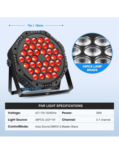 Luces de Escenario LED MOSFiATA 36W 2 Paquete RGB DMX