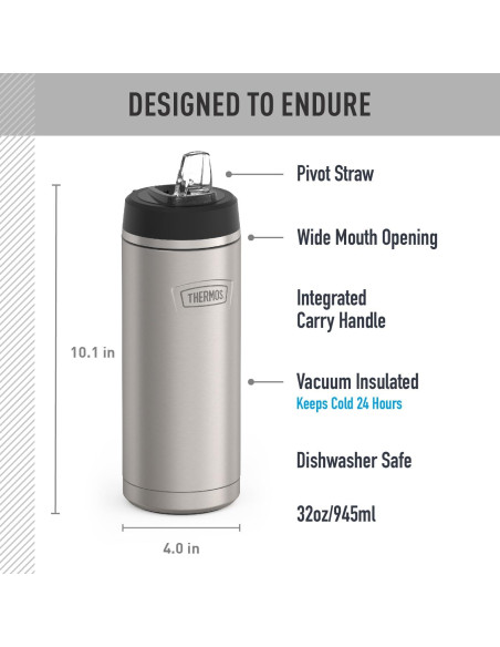 Botella de Agua THERMOS 0.95L Acero Inoxidable Mate con Popote