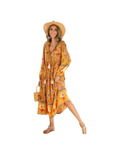 Vestido Midi Bohemio R.Vivimos Mostaza X-Large Floral