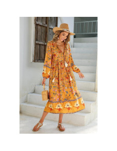 Vestido Midi Bohemio R.Vivimos Mostaza X-Large Floral 2