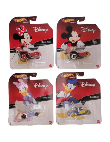 Paquete 4 coches Disney Hot Wheels Mickey Minnie Donald Daisy