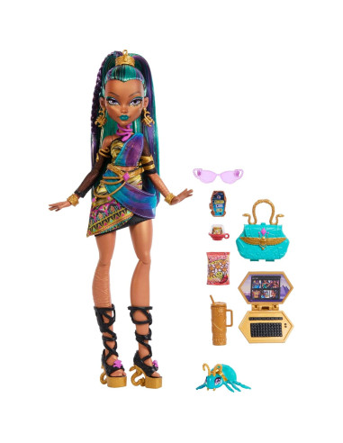 Muñeca Nefera De Nile Monster High con 7 Accesorios y Mascota