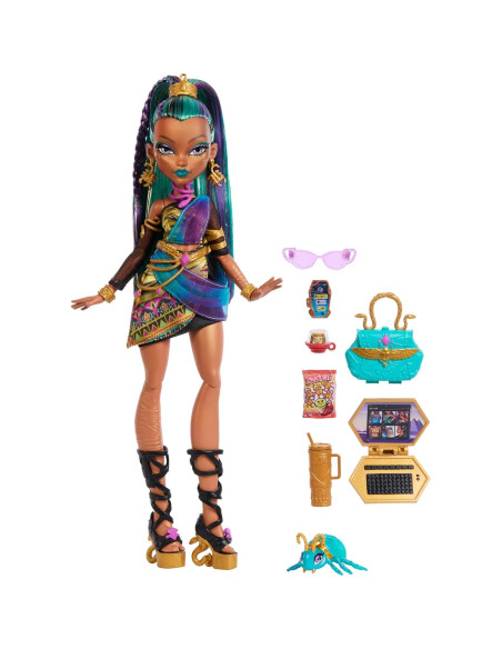 Muñeca Nefera De Nile Monster High con 7 Accesorios y Mascota