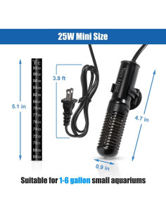 Calentador de Acuario Novique 25W Mini para Tanques 3.79-22.71L 2