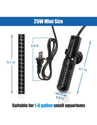 Calentador de Acuario Novique 25W Mini para Tanques 3.79-22.71L