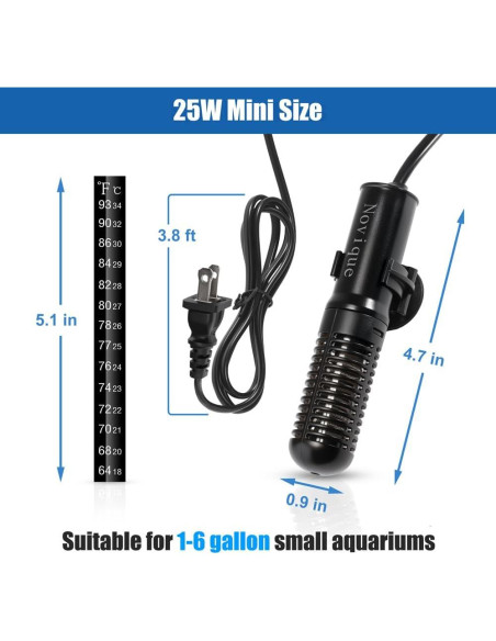 Calentador de Acuario Novique 25W Mini para Tanques 3.79-22.71L