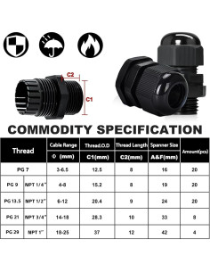 Kit de 40 Glands de Cable PG7 NPT 1/4" 1/2" 3/4" 1" Negro IP68 2