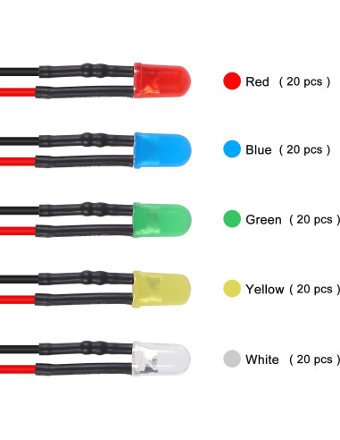 Kit de 100 LEDs 5mm Pre Cableados 12V Diitao - 5 Colores