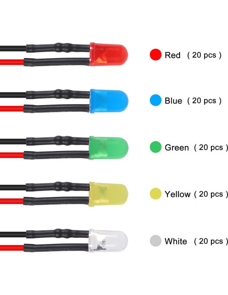 Kit de 100 LEDs 5mm Pre Cableados 12V Diitao - 5 Colores