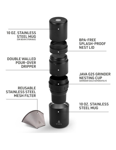 Kit de Café Pour Over VSSL Negro | 2 Tazas Acero Inoxidable 10oz