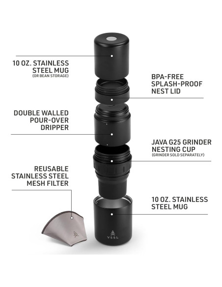 Kit de Café Pour Over VSSL Negro | 2 Tazas Acero Inoxidable 10oz