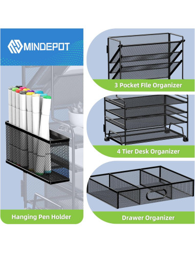 Organizador de Escritorio MINDEPOT 4 Niveles + Cajón Negro