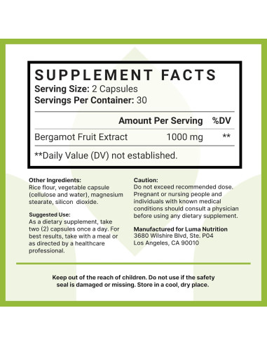 Suplemento de Bergamota Cítrica Luma Nutrition 1000mg 60 Cápsulas