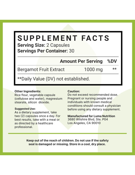 Suplemento de Bergamota Cítrica Luma Nutrition 1000mg 60 Cápsulas