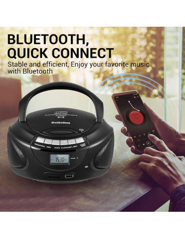 Reproductor de CD Portátil Gelielim Boombox Bluetooth Negro
