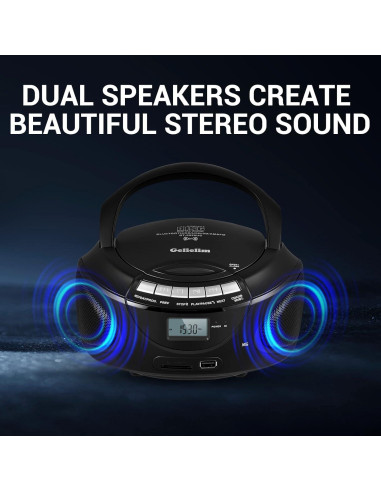 Reproductor de CD Portátil Gelielim Boombox Bluetooth Negro