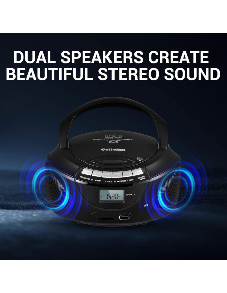 Reproductor de CD Portátil Gelielim Boombox Bluetooth Negro