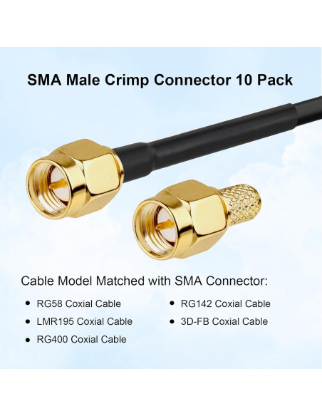 Conector Crimp SMA Macho 10 Piezas para Cable Coaxial RG58 RG142 Conector Crimp SMA Macho 10 Piezas para Cable Coaxial RG58 RG142