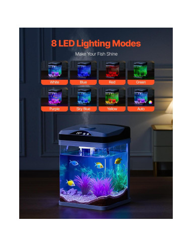 Acuario VEVOR 7.57L con LED y Autolimpieza para Peces