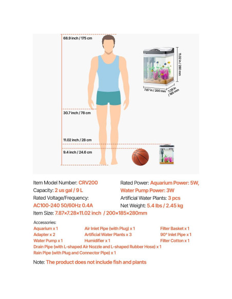 Acuario VEVOR 7.57L con LED y Autolimpieza para Peces