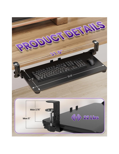 Bandeja de Teclado Ergonómica Zontera Grande Negra 65x30 cm