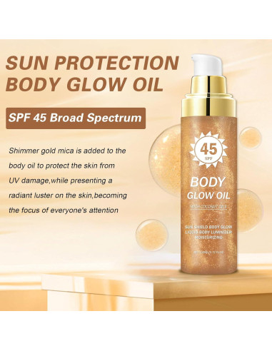 Aceite Bronceador QIUFSSE con Brillos y Coco SPF 45 109.8 ml